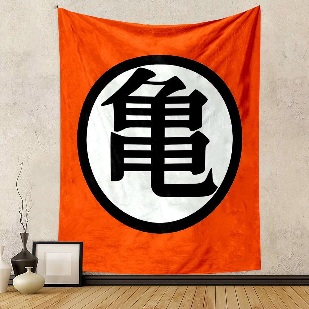 "Turtle Kanji Symbol on Orange Background" Patterned tapestry home decor, suitable for bedroom and living room, gift