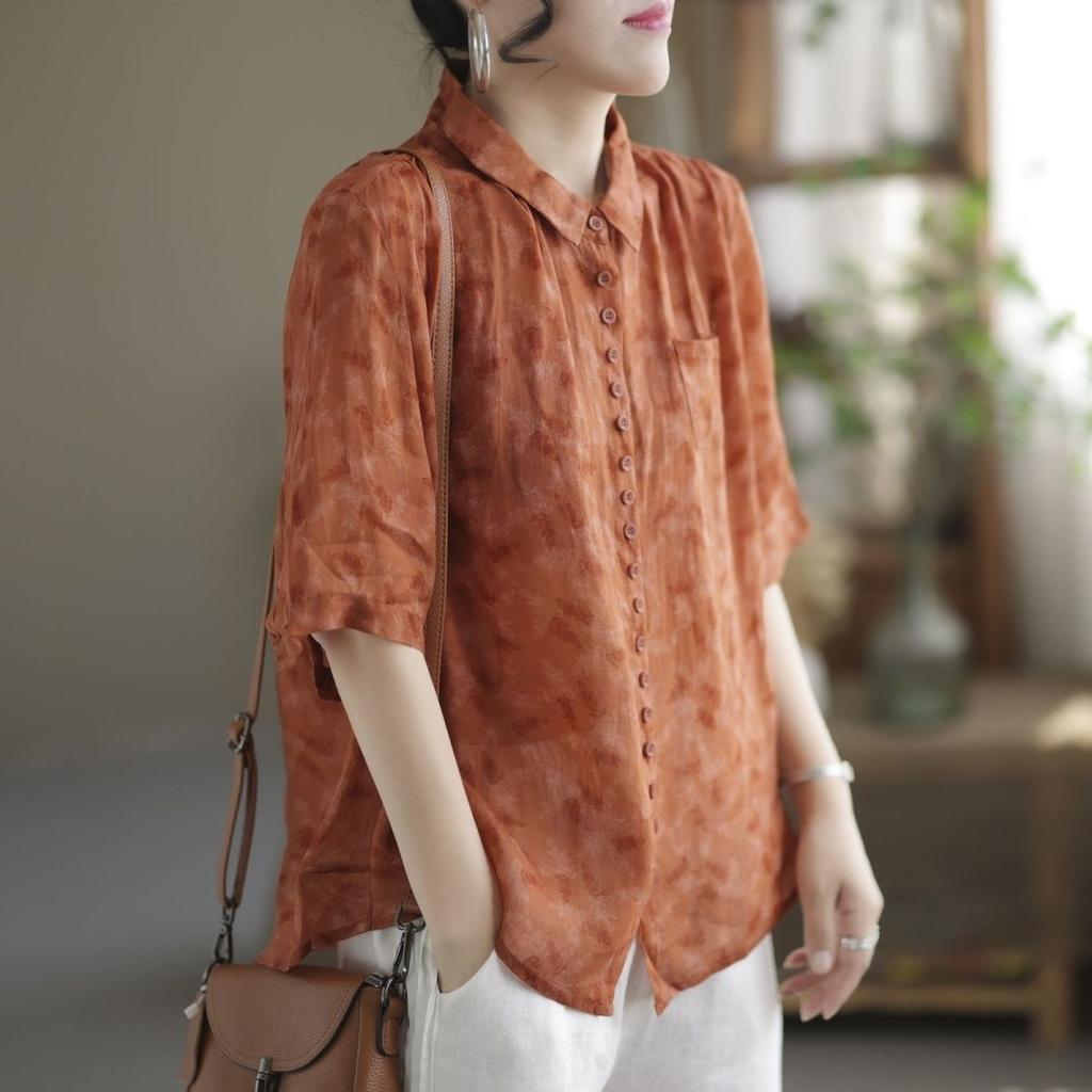 Summer Ladies Blouses Cotton Linen Floral Short Sleeved Shirt Loose Shirt Lapel Polo Button Pockets Printing Elegant Female Clothing