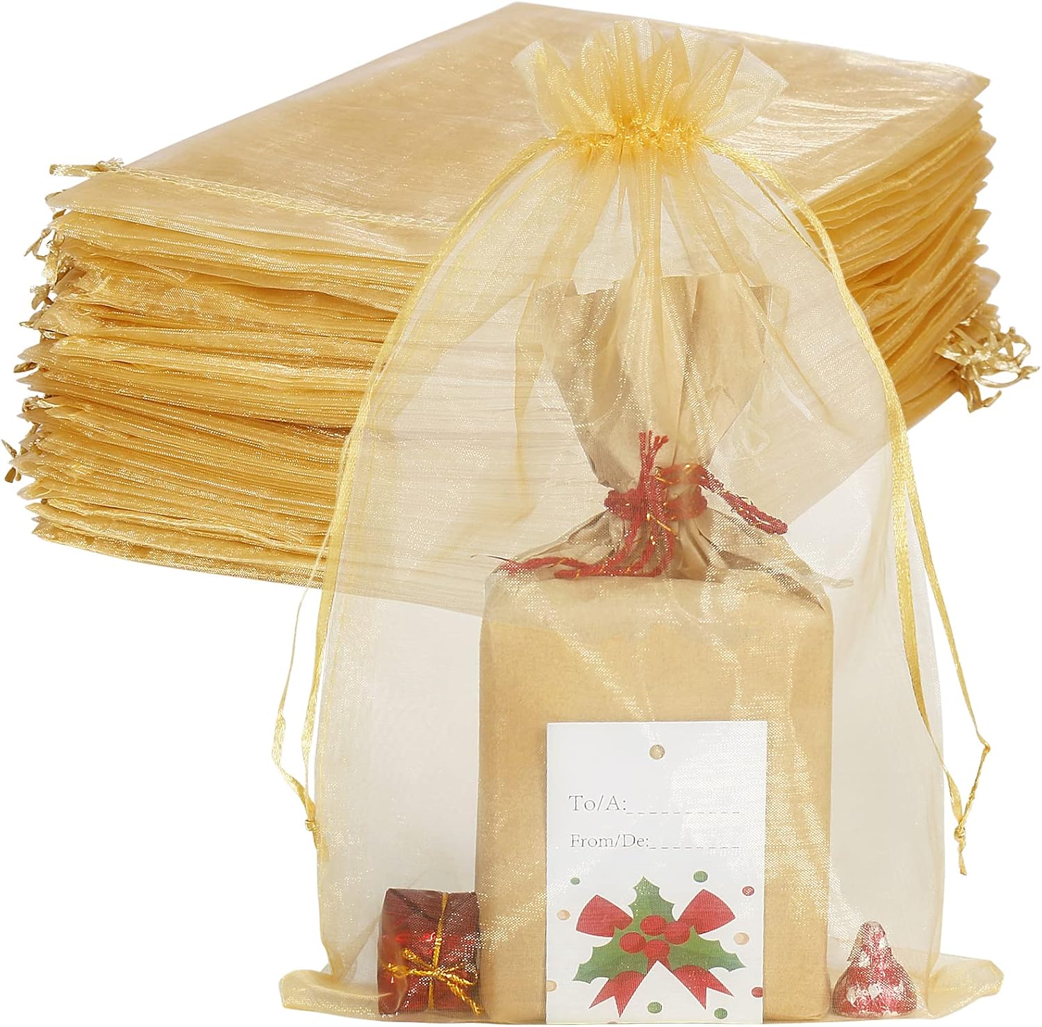 10/50/100 шт. Большие мешочки из органзы 8 x 12 дюймов, сетчатые подарочные мешочки с завязками, мешочки для подарков на рождественскую вечеринку, сувениры, образцы 5pcs золотой