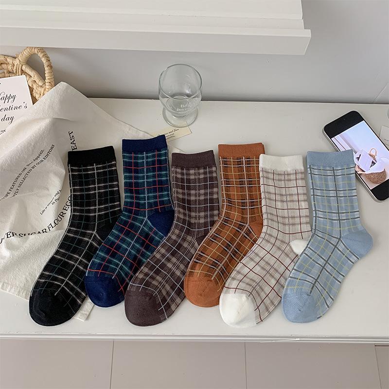 Japanese-British Retro Plaid Mid-Calf Socks for Women - Autumn/Winter, Versatile for Commute & Birkenstock Shoes