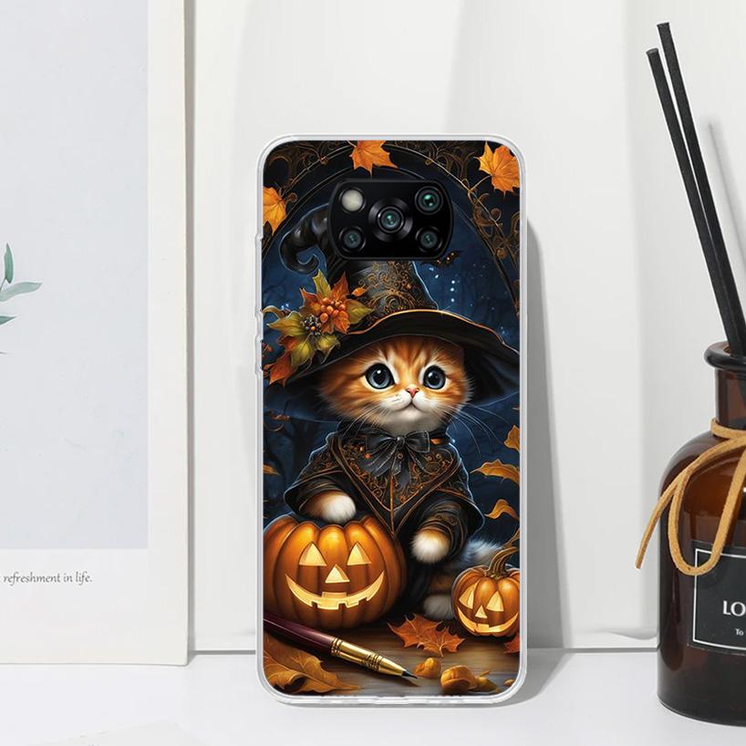 Black Kitten Halloween Pumpkin Phone Case For Xiaomi Poco X7 X6 X5 M7 M8 Pro F7 Ultra Redmi 15C 15 13C 13 12C 12 10 10C 10A Art