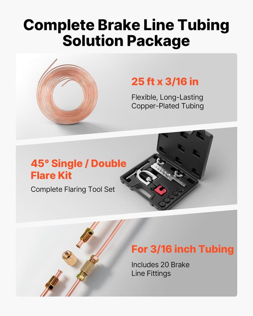Brake Line Repair Kit, 45° Double & Single Brake Line Flaring Tool Kit, 7.6m x 4.76mm Copper Coated Brake Line (with 16 Fittings & 4 Unions) - Tube