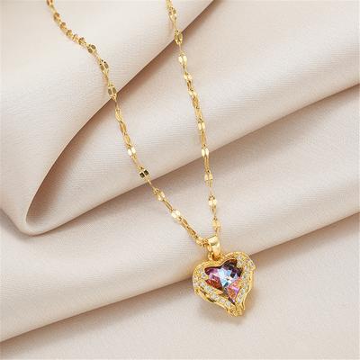 Luxury Colorful Crystal Ocean Heart Pendant Necklace for Women Korean Fashion Stainless Steel Neck Chain Female Wedding Jewelry