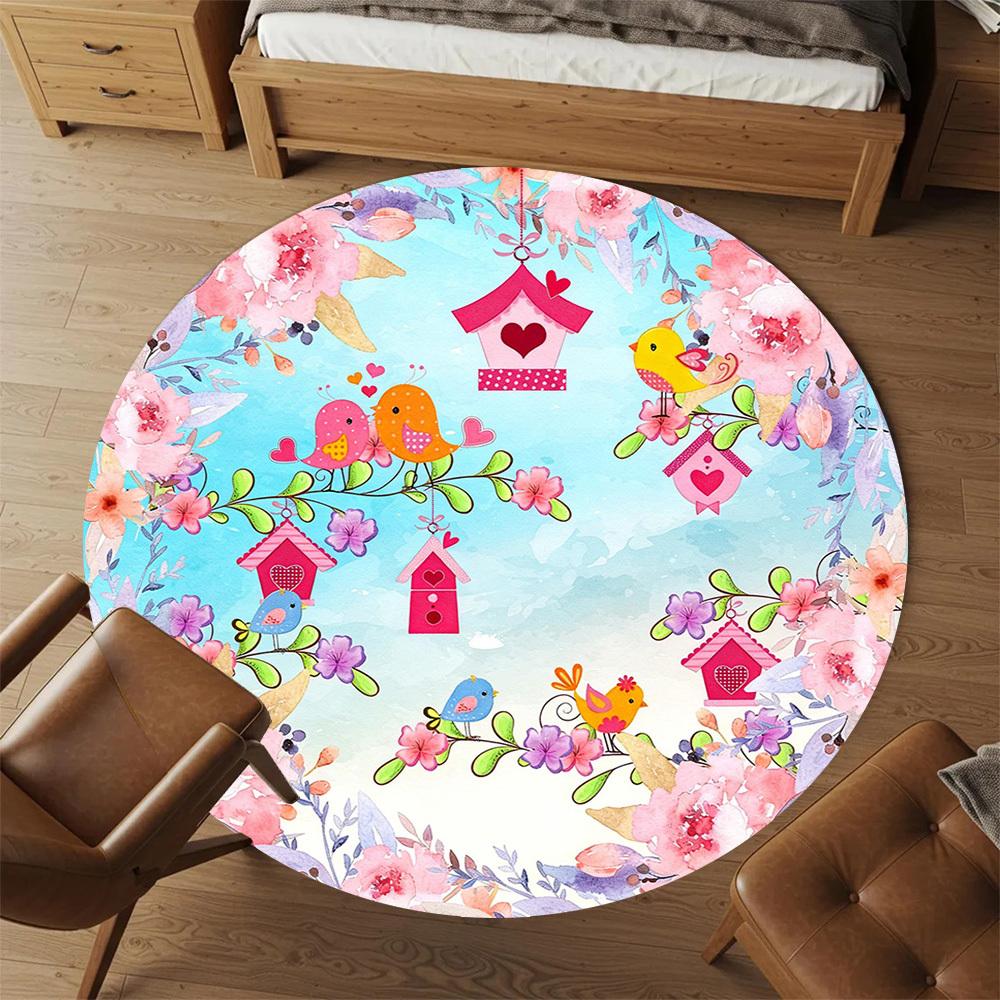 1pc Birds Flowers Round Chair mat office Area Rug - Non-Slip, Floor Mat for Office, Bedroom, and Indoor Decor p127220