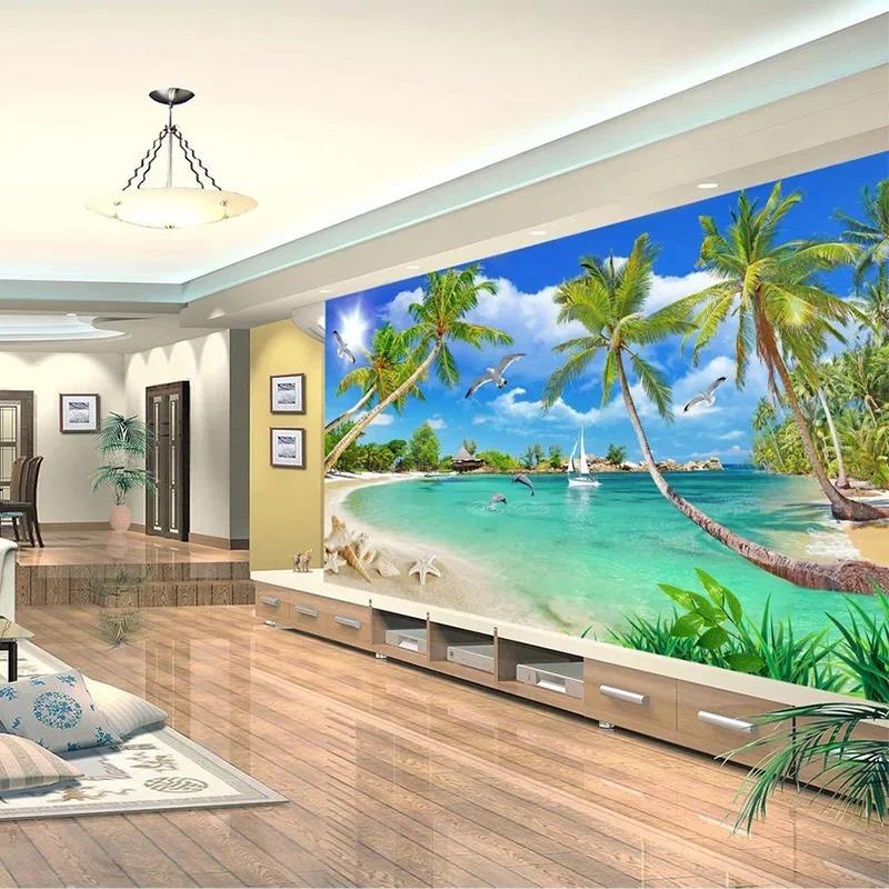 Modern Simple 3d Wallpaper Coconut Tree Sea Landscape Murals Living Room Tv Sofa Dining Room Wall Mural