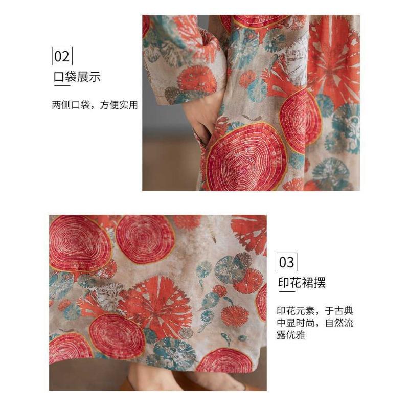 Vintage Printed Loose Lace Long Sleeve Hem Long Dresses