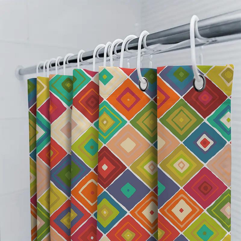 Colorful Shower Curtain With Geometric Patterns Bright Modern Design For Bathroom Decor Made From Durable Water-Resistant Materi