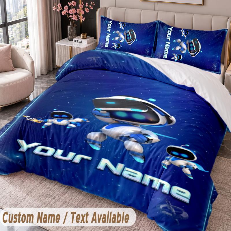 Custom Name Text 3Pcs Bedding Set Astro Bot Duvet Cover And Two Pillowcases