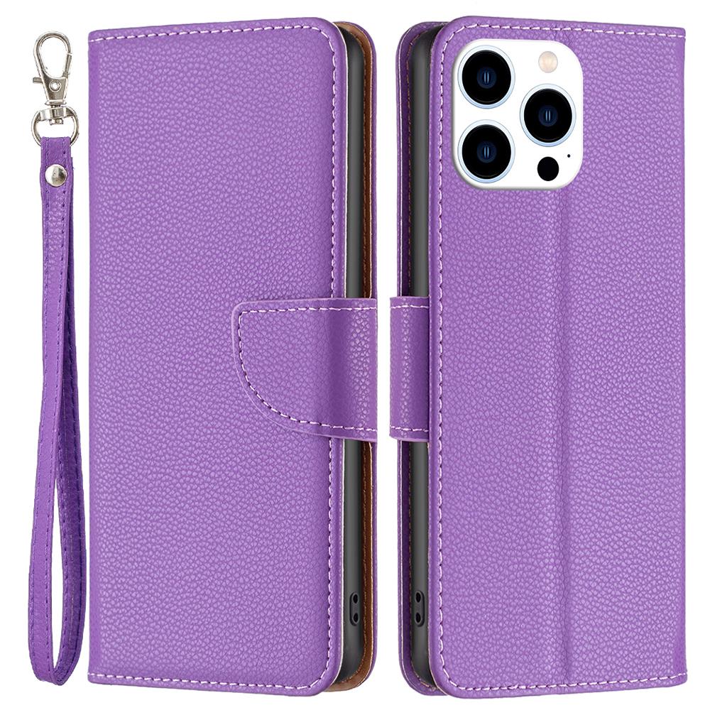 

For iPhone 16 Pro Wallet Phone Case Litchi Texture Solid Color Leather Flip Cover Purple