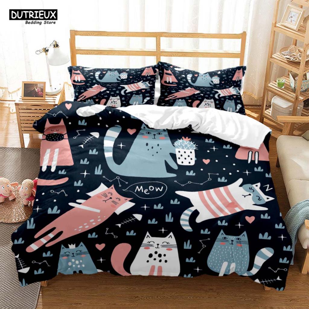 Cute Cat Print Quilt Cover Pillow Cover  Bedding Set Luxury Queen Bedding Set Cute Style Customized  children‘s  Bedding Set