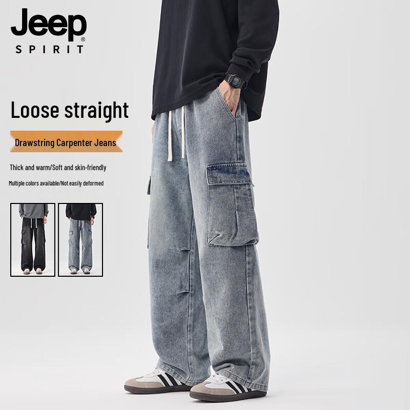 JEEP SPIRIT Men s Fall Retro Loose Straight Denim Workwear Pants L