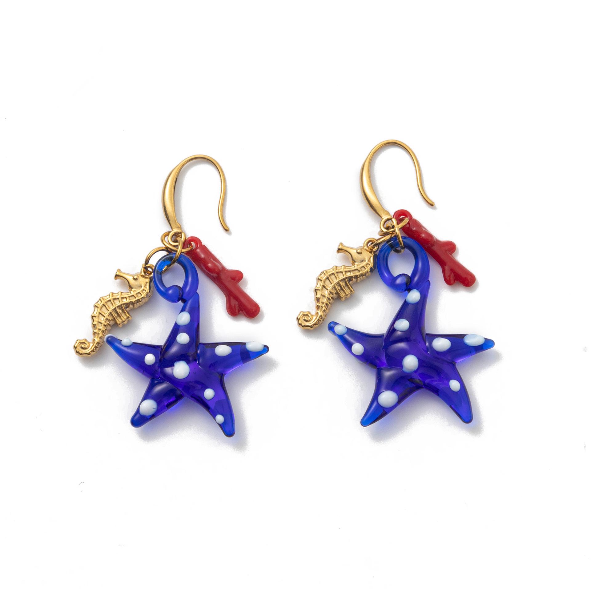 New Ocean Series Seahorse  Starfish Coral Earrings - Stainless Steel  Colorfast