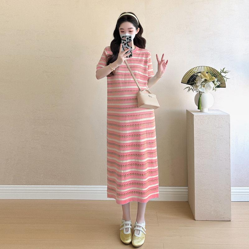 2026 Summer Korean Fashion Striped Hollow-Out Maternity Dress L