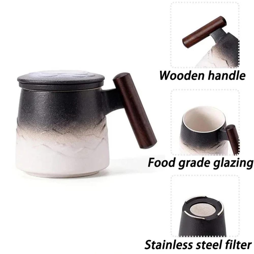Vintage Ceramic Mugs Wooden Handle Tea Cups with Strainer and Lid Portable Unusual Coffee Mug Personalized Gifts for Father