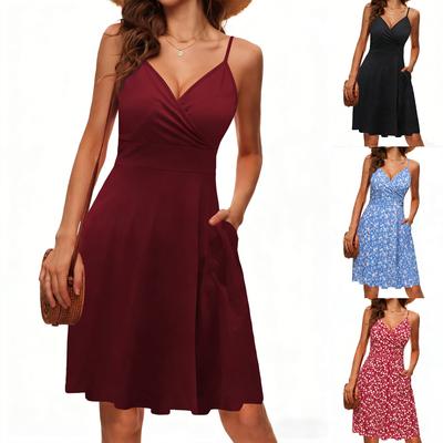 Summer Women's Fashionable and Elegant Spaghetti-Strap V-Neck High-Waisted Casual Dress