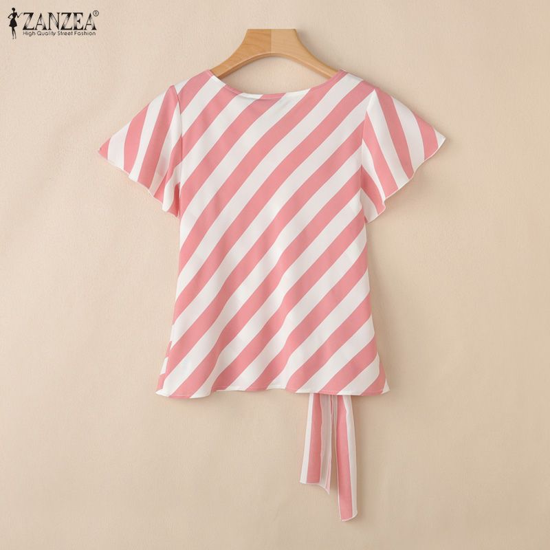 ZANZEA Blusa informal de verano con cuello en V y manga corta a rayas para mujer