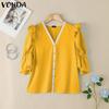 VONDA Women Summer V Neck Puff Half Sleeve Ruffled Buttons Casual Blouse