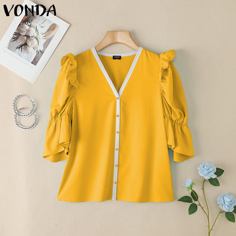 VONDA Women Summer V Neck Puff Half Sleeve Ruffled Buttons Casual Blouse