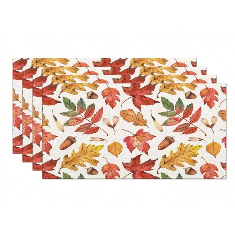 

4/6/8PcsMaple Leaf Pattern Autumn Linen Placemat Thanksgiving Day Kitchen Dining Table Mat for PartiesHalloweenDinnersDecoration 4Pcs-30X45cm(12X18in
