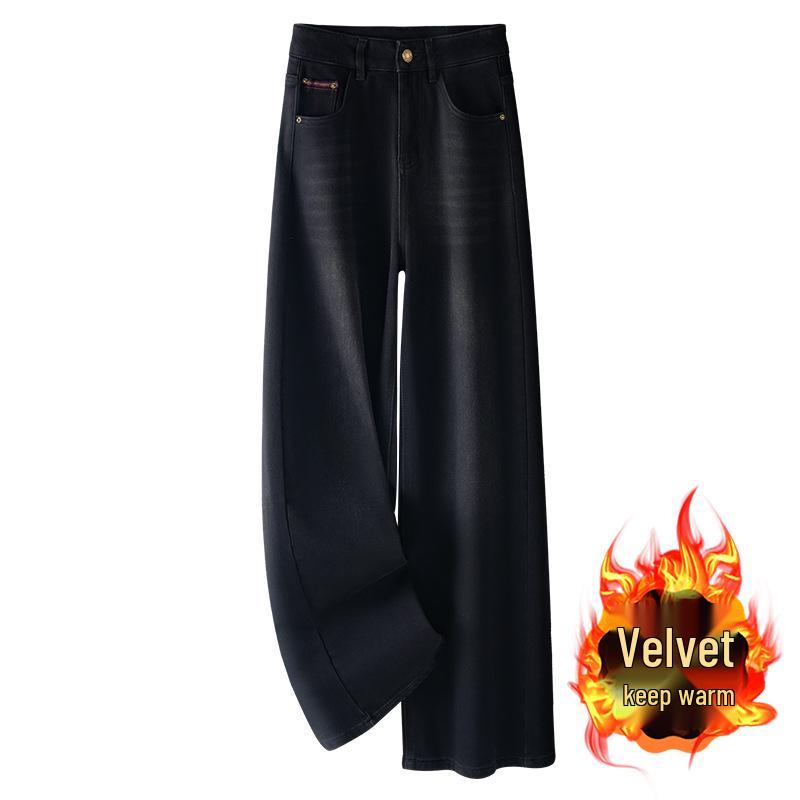 

2024 Women s Plus Velvet Black Wide-Leg High-Waist Slim Fit Winter Jeans M