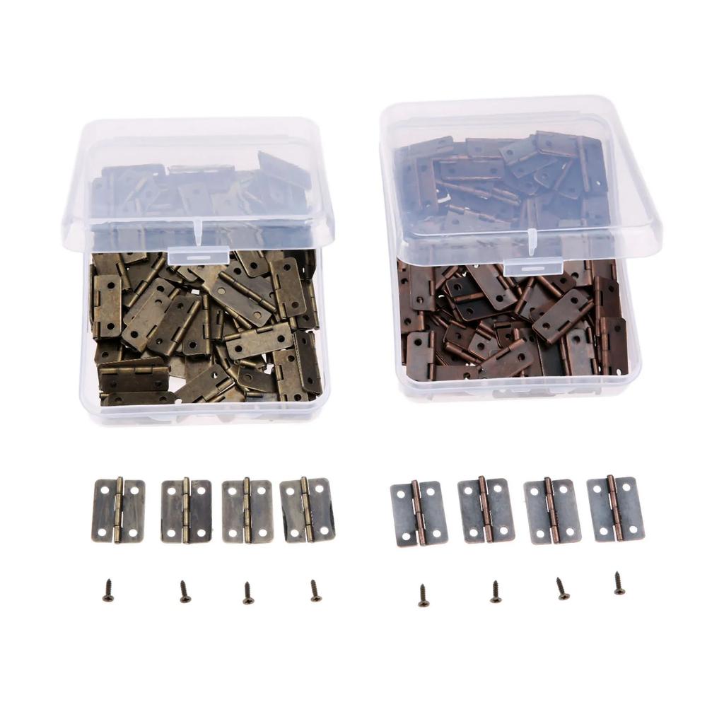 50Pcs 25*18mm Iron Jewelry Wood Boxes Cabinet Door Furniture Hinges Set Mini Decorative Hinge with Storage Box & 200Pcs Screws
