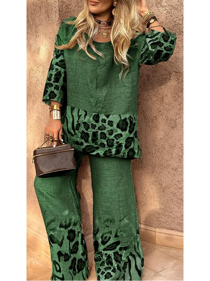 2025 Women's Casual Leopard Print Cotton Linen Two-Piece Set