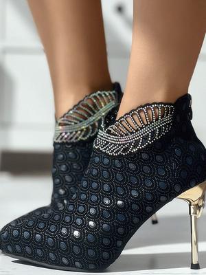 Fashion Women Party Shoes Point Toe High Heel Boots Graphic Rhinestone Decor Stiletto Heel Ankle Boots Zapatos De Tacon Mujer Elegantes