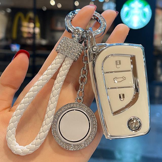 Leather Rope Ring Car Key Case Cover for Toyota Prado Land Cruiser Highlander CROWN HARRIER RAV4 C-HR Camry ALLION COROLLA Prius