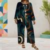 Women Plus Size Round Neck Long Sleeve Colorful Printed Top Wide Leg Pants Two Piece Set
