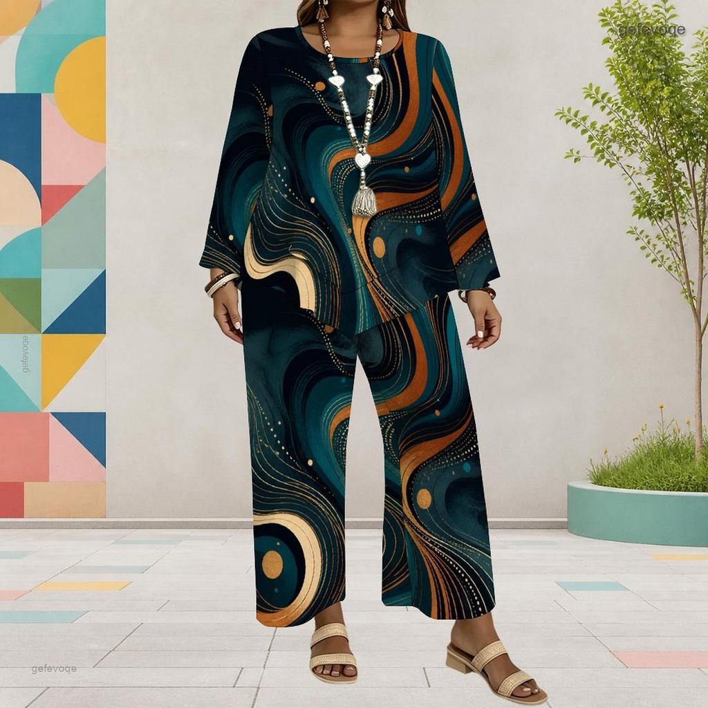 Women Plus Size Round Neck Long Sleeve Colorful Printed Top Wide Leg Pants Two Piece Set