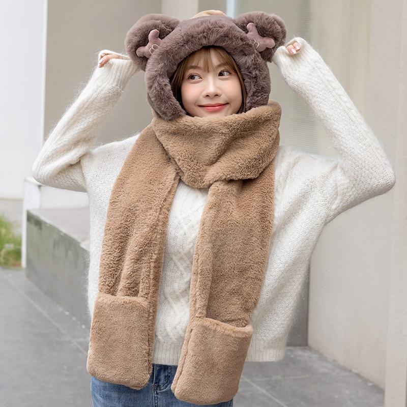 Bear hat women's winter scarf three-piece winter plush hooded integrated thermal gloves ear protection scarf