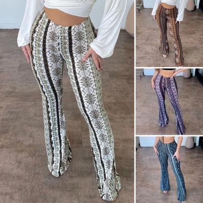 Women Pants High Elastic Waist Retro Print Flared Hem Slim Fit Stretchy