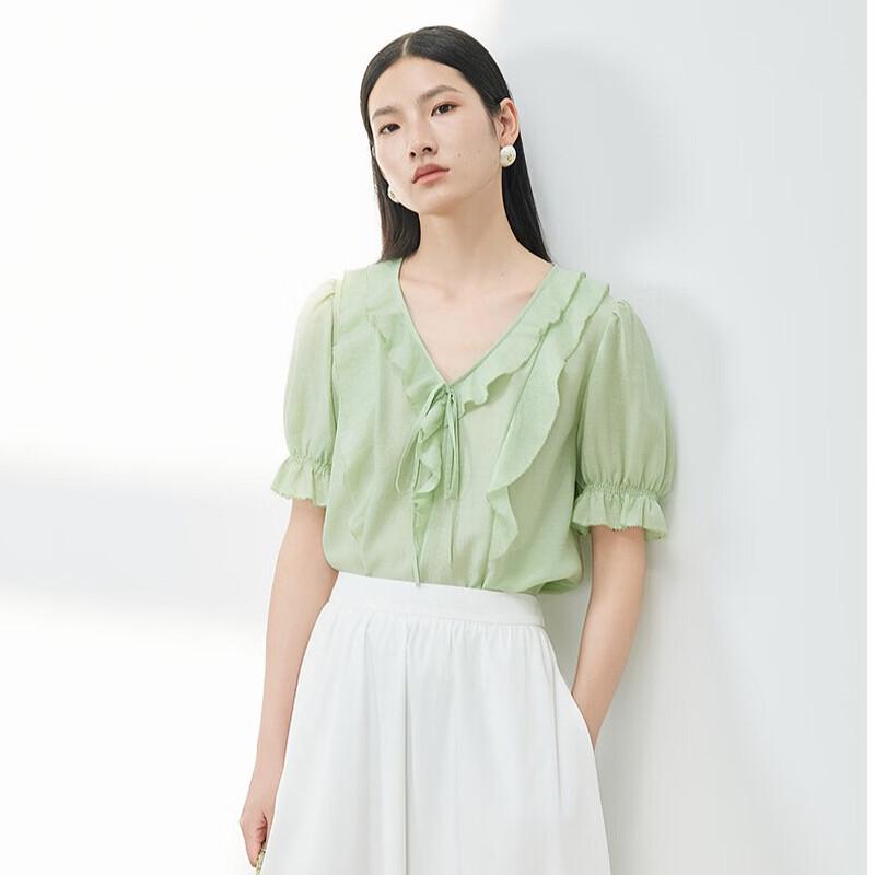 Women's French Ruffle V-Neck Short Sleeve Blouse