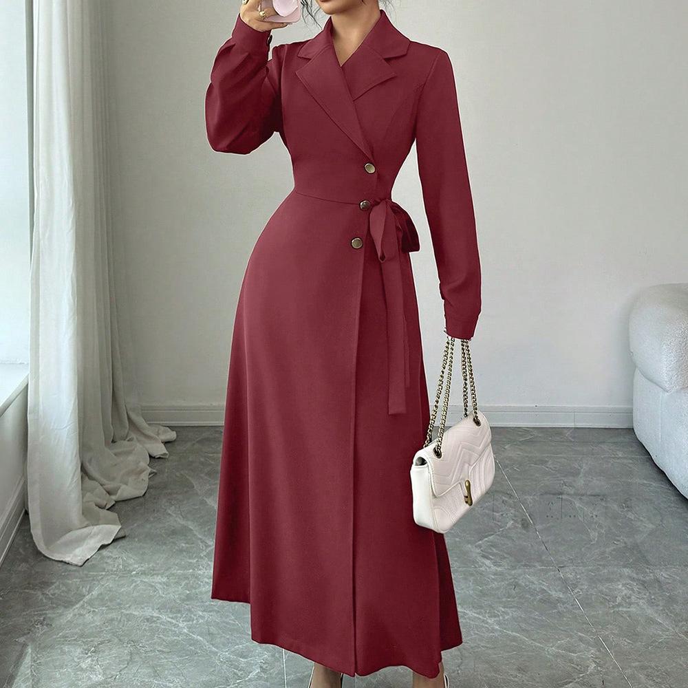 Women Blazer Midi Dress Long Sleeve Lapel Collar Double Breasted Belted Waist Elegant Office Business Dress Solid Color