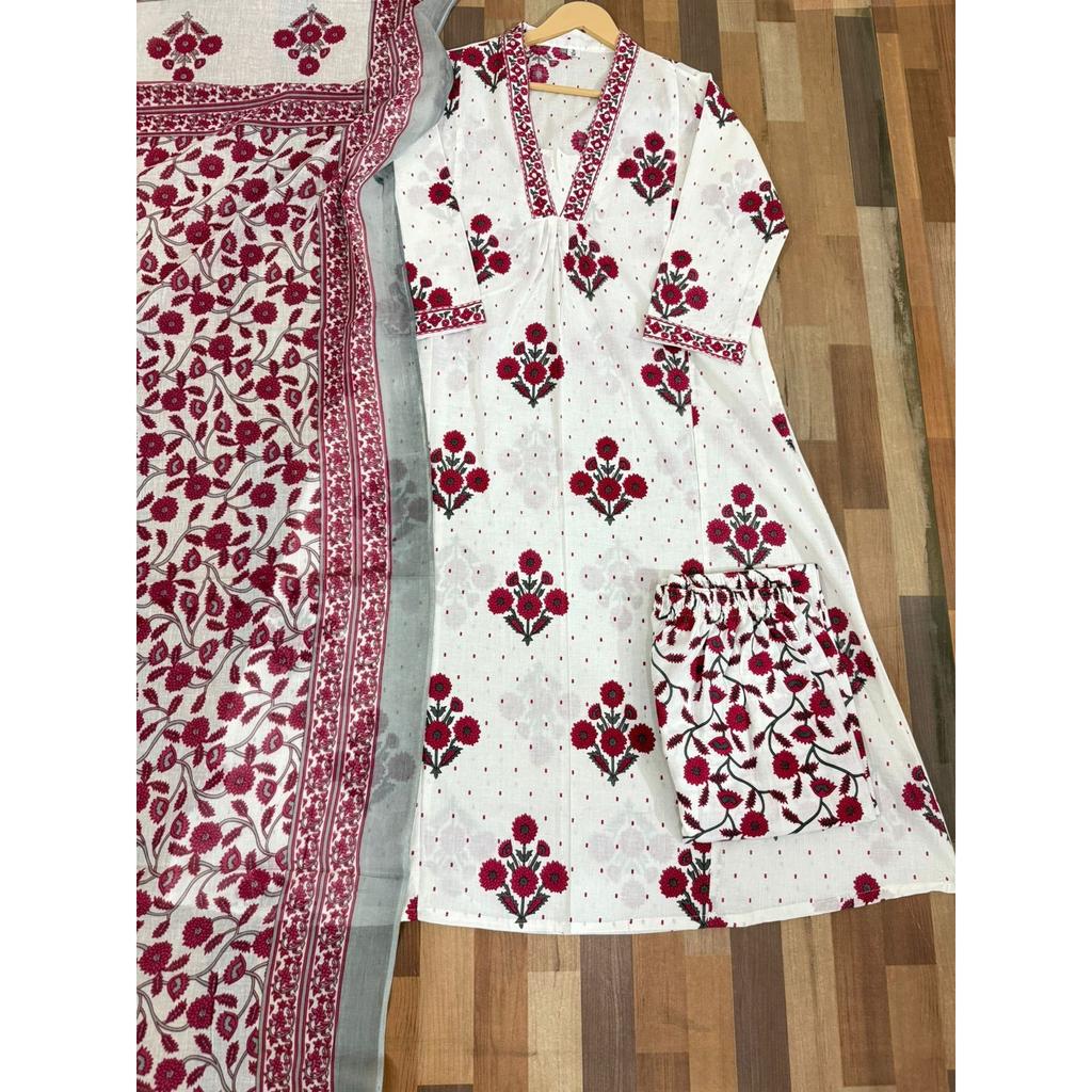 Floral Printed Aline Kurti Pant Dupatta Set Indian Women' Ethnic Kurta Set Dress