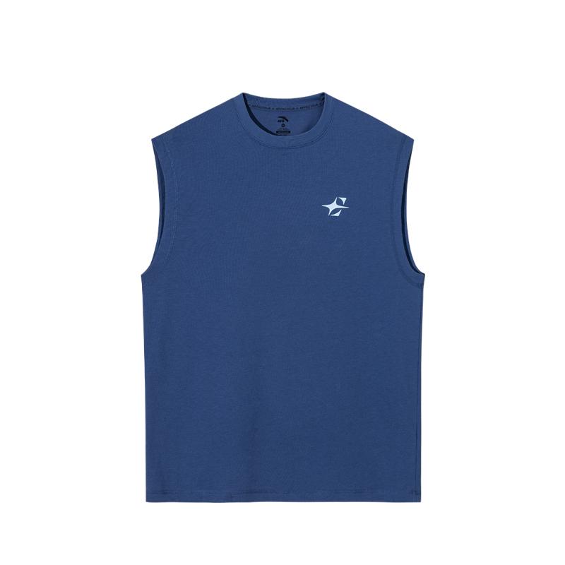 Anta Comfortable Simple Round Neck Breathable Letter Print Casual Sports Vest Men Tops Wolong-Blue 952521106-2