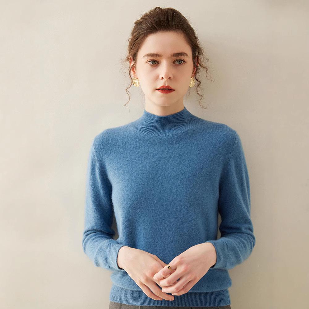 Women's Half-High Neck Cashmere Knit Sweater - Versatile, Warm, Loose Fit Pullover