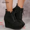 Fashion Size 36-42 Lace Up Wedge Ankle Boots Short Plush Botines Women's High Heels Suede PU Autumn Booties Fashion Botines Para Mujeres