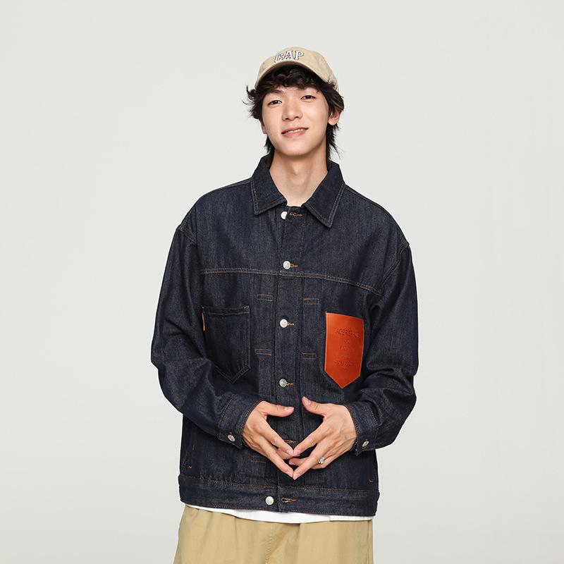 Spring Large Size Loose American Tooling Jacket Primary Color Washed Pure Cotton Pocket Splicing Denim Jacket Men'S