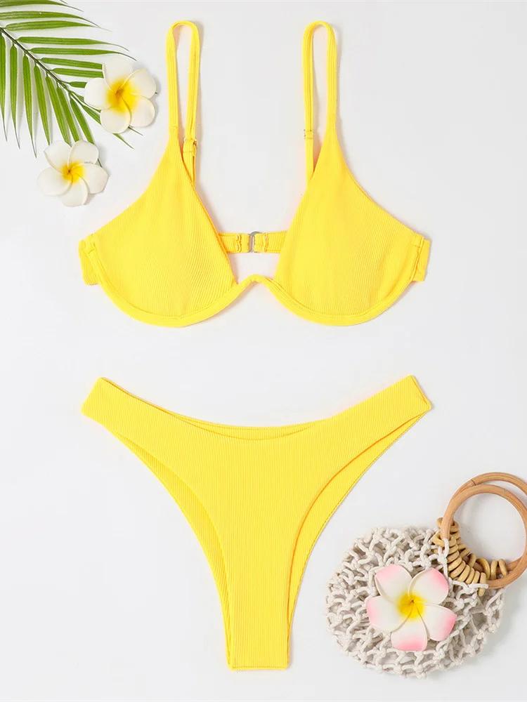 Sexy Underwire Bikini 2025 Women Black White Ribbed Push Up Micro Swimsuit Brazilian Hollow Out Bathing Suit Thong Swimwear