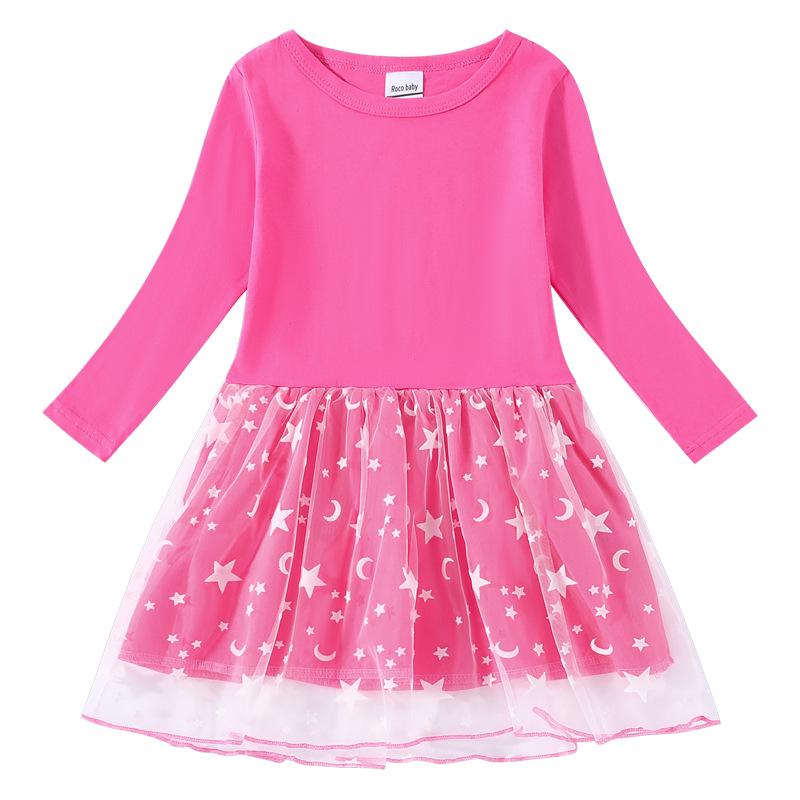 Korean Style Children's Princess Dress - Short/Long Sleeve with Stars, Rainbow Sequins, and Mesh Pleats for Spring, Summer, and Autumn