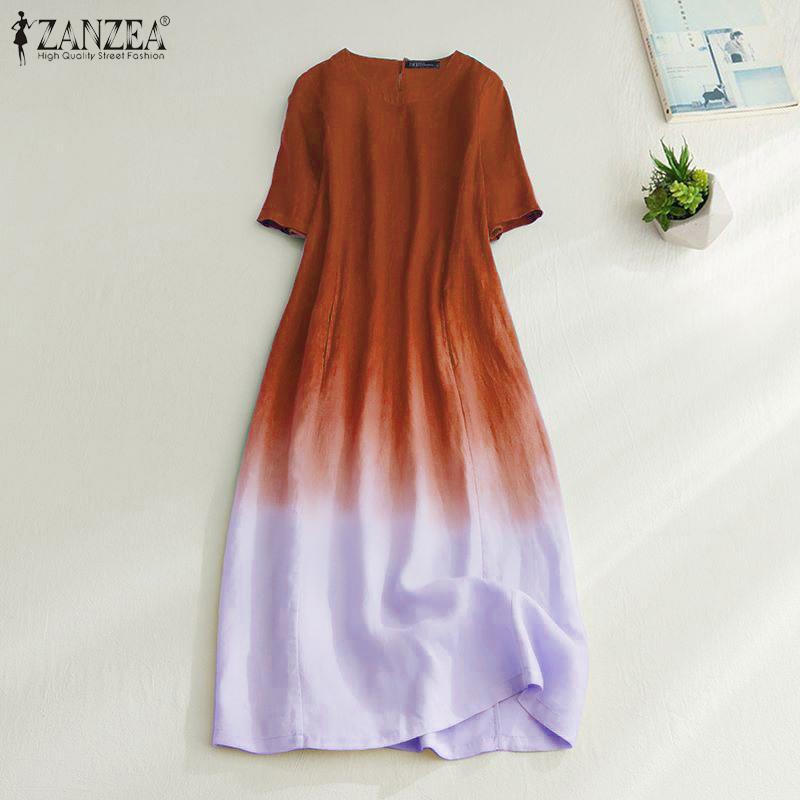 

ZANZEA Женское повседневное летнее длинное платье градиентного цвета с коротким рукавом и круглым вырезом