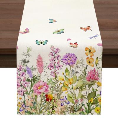 Spring Summer Blooms Floral Linen Table Runner Party Decor Watercolor Wild Flowers Butterfly Kitchen Table Runners Wedding Decor