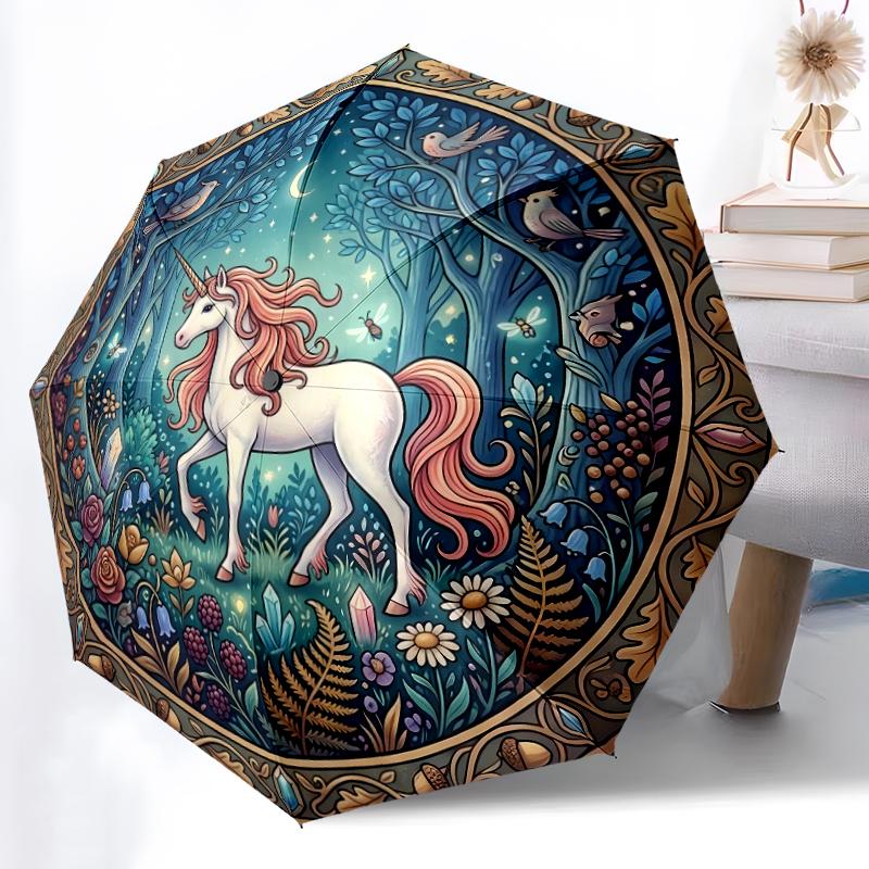 

1pc Sturdy 8-Bone Auto Umbrella, Mythic Unicorn Coastal Glow Umbrella, Digital Printed, Foldable Umbrella for On-the-Go Outdoor Use