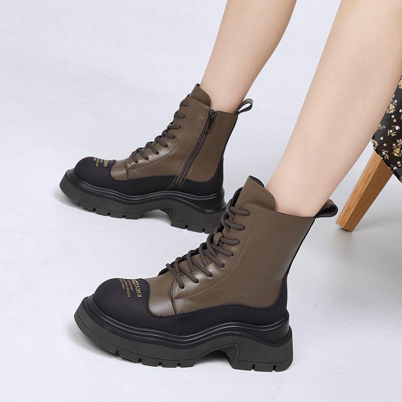 Leather Martin boots women's thick heel 2025 new autumn and winter warm thick-soled medium boots children's velvet British style short boots