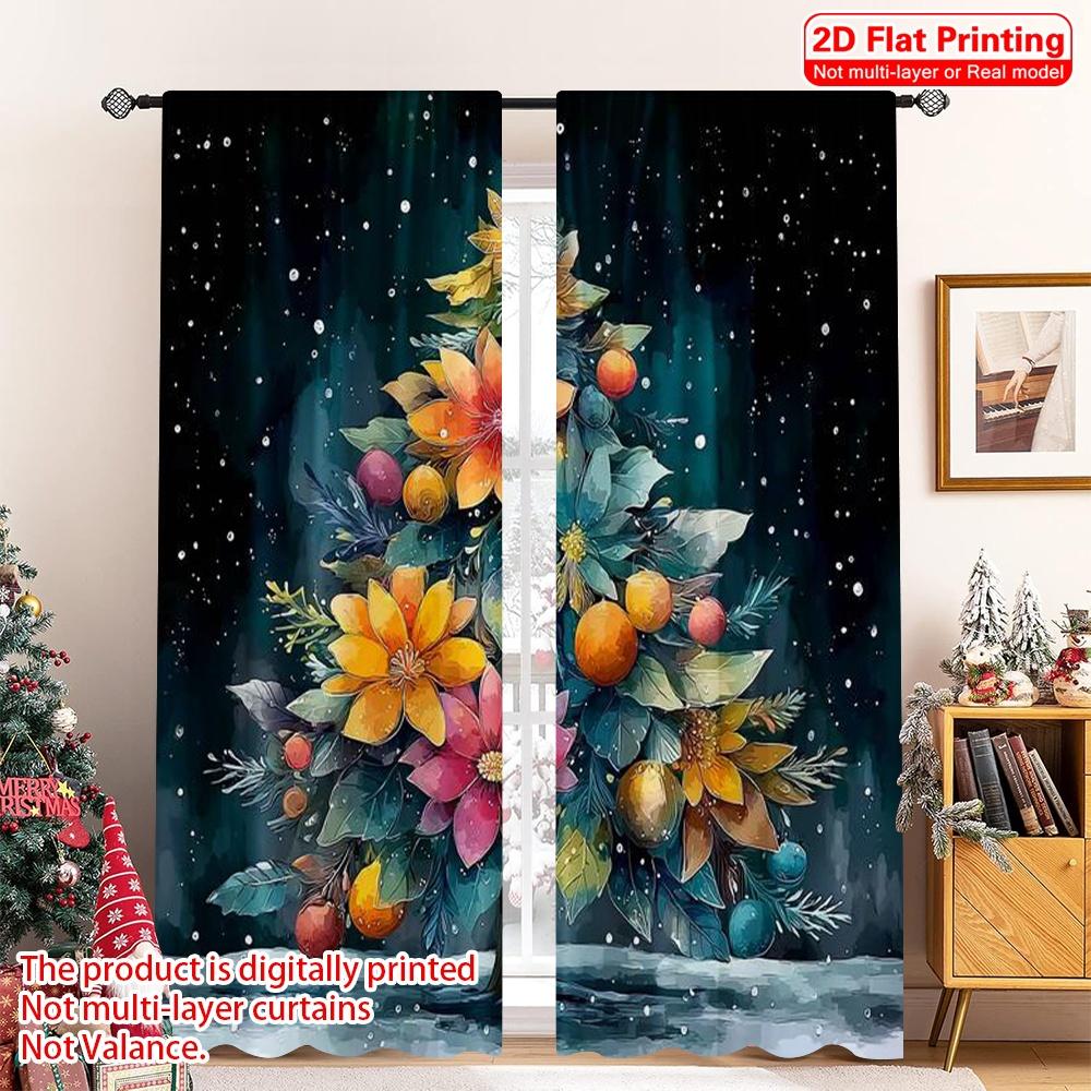 

Set Of 2 Flat Printing Christmas Curtain Tree Polyester Without Electricity Family Party Perfect Holiday Home Decor Made W100*H70(CM)-Grommet top&1PCS