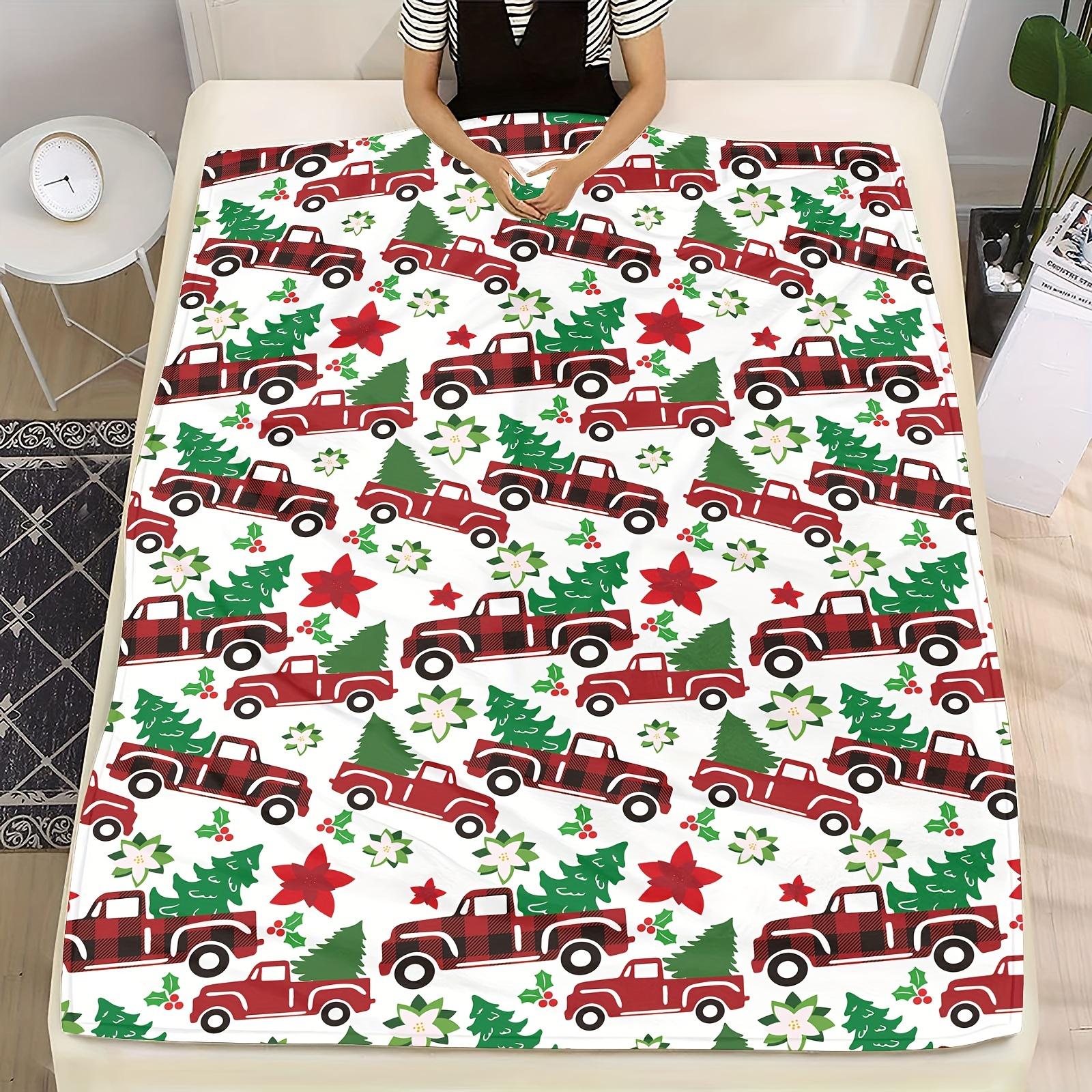 1pc Christmas Pattern Blanket - Soft Warm Cozy Flannel Throw with Red Trucks, Green Trees & Stars on White, All-Season Couch Bed 75X95CM