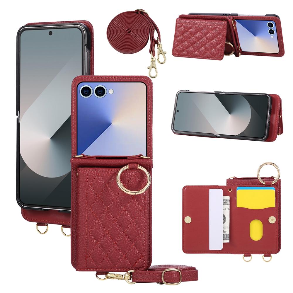Grid Crossbody Case for Samsung Z Flip 8 7 Fe 6 5 4 3 Flip7 Flip6 Flip5 Flip4 Leather Case Lanyard Phone Case Cards Cash Pocket