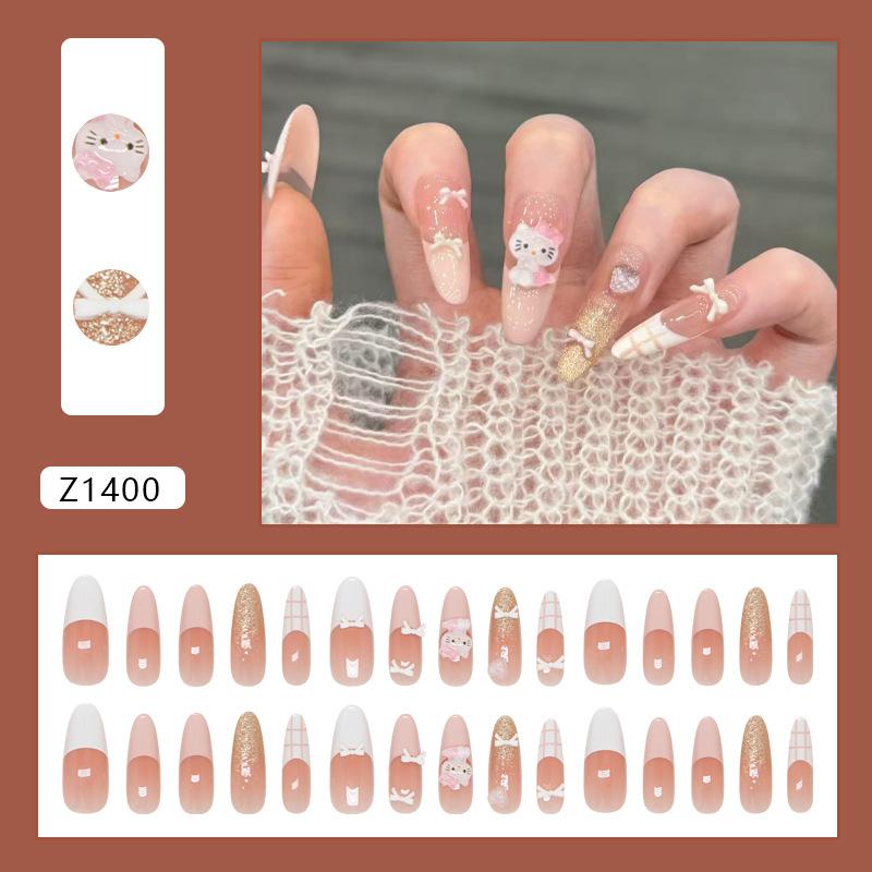 Glitter Plaid Animal Bow Long Almond Press On Nails Cute Sweet French For Ladies 30pcs Box & Strip Non Cosmetic Nail Decor