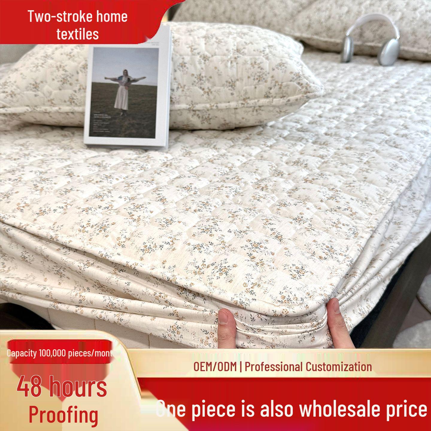 

Class A Cotton Linen Quilted Fitted Sheet - Non-Slip, Full Coverage, All-Season Breathable Mattress Protector Single Pillowcase